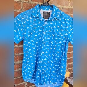 L, DCBD Drill Clothing Co Boys Division Blue Button Up Shirt, W/ White Kangaroos